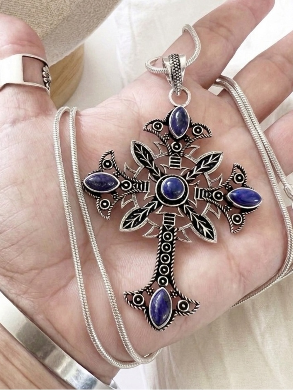 925 Sterling Silver Lapis Lazuli Cross Necklace Gemstone Womens Jewelry